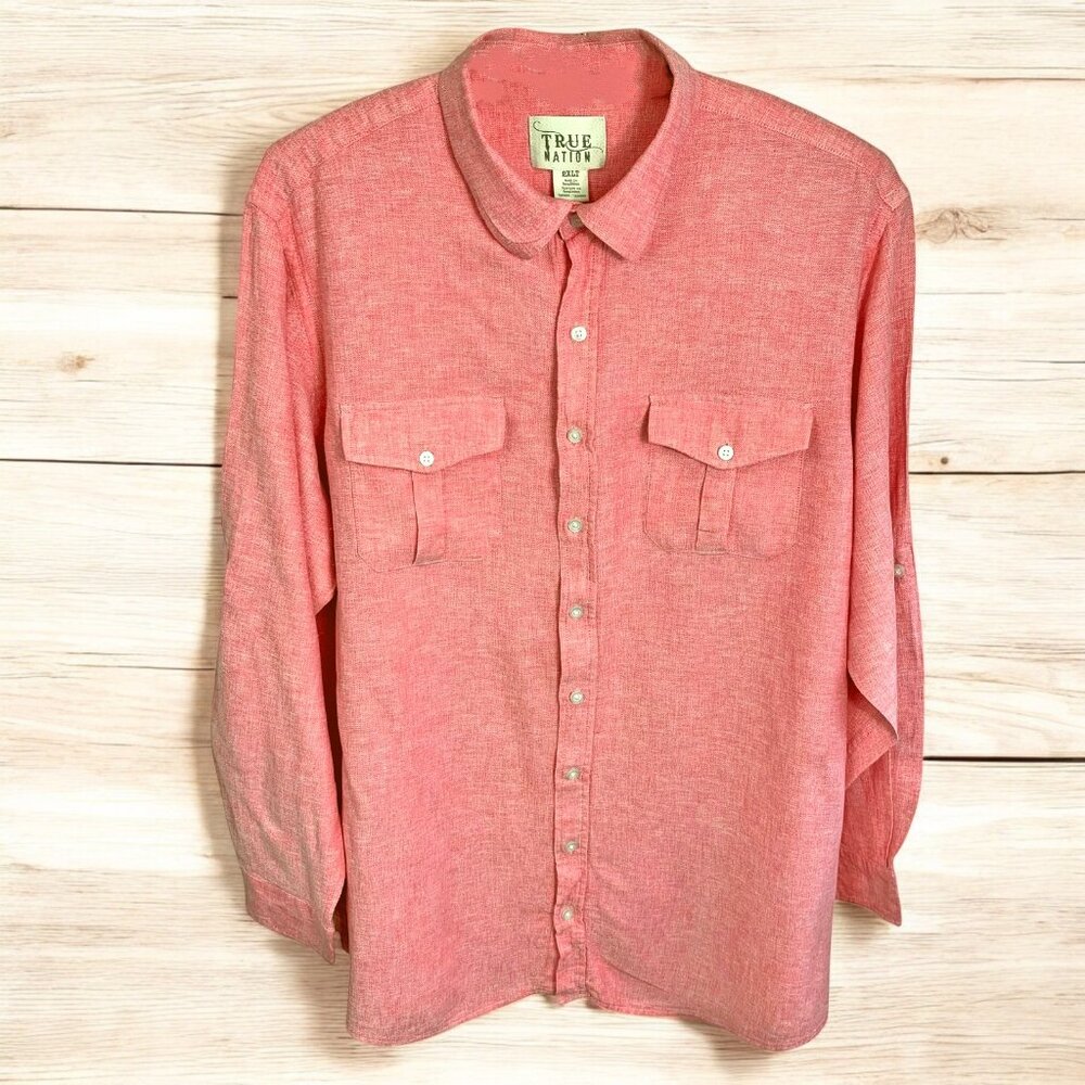 DXL True Nation Linen Blend Roll Tab Long‎ Sleeve Button Down Shirt